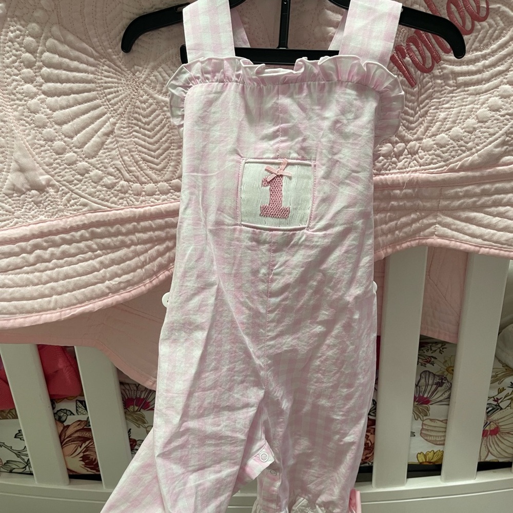 Baby girl 1st birthday gingham overalls